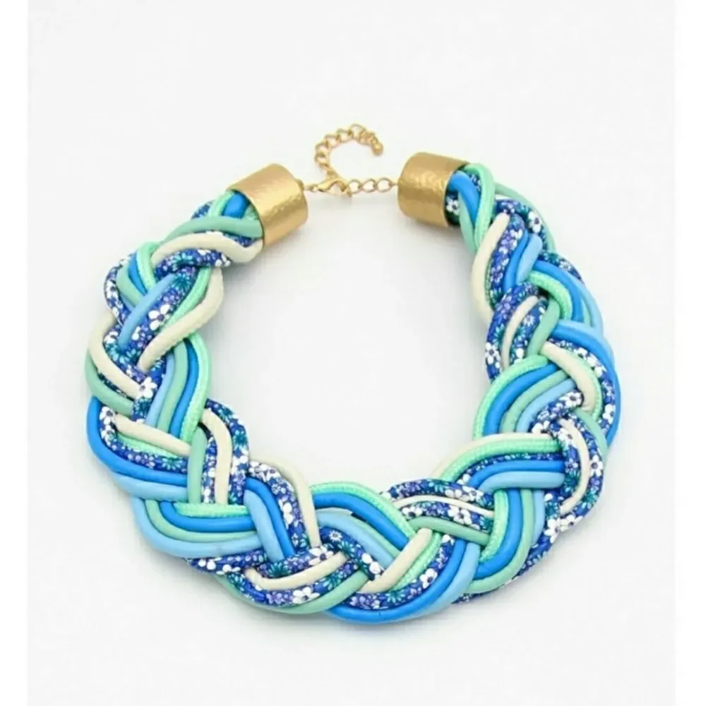 Blue Leather Floral Print Statement Necklace